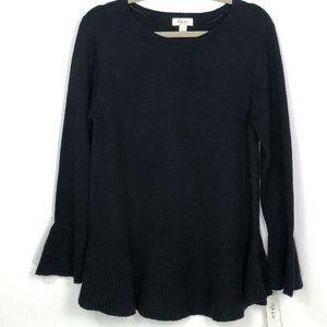Style & Co NWT Women's Sweater Large Bell Sleeve Ruffle Cuff Black Round Neck